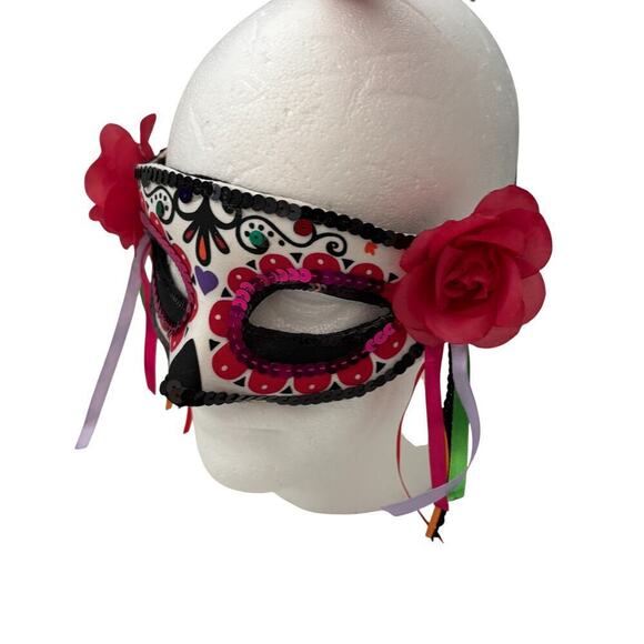 Day of the Dead Painted Mask Roses Sequins Ribbons OS - Picture 5 of 8